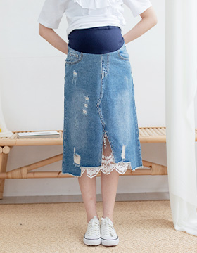 631151 Maternity Wear: Front slit stitching lace denim skirt adjustable yoga waist M-XL $33.00