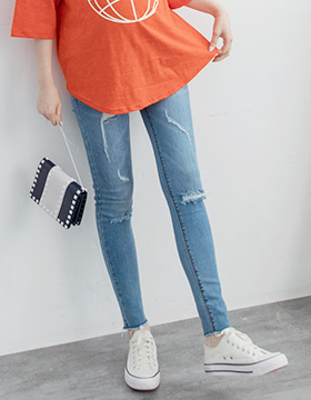631158 孕婦褲 淺色貓抓刷破褲管抽鬚牛仔褲 可調式瑜珈腰圍 S-XXL NT.690
