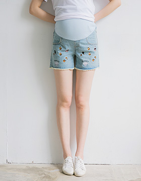63897 孕婦褲 不修邊刺繡甜點造型牛仔短褲 可調式腰圍 M-XXL NT.490