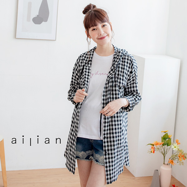 Maternity Wear: Checked Drawstring Hooded Long Shirt Top, Made in Korea