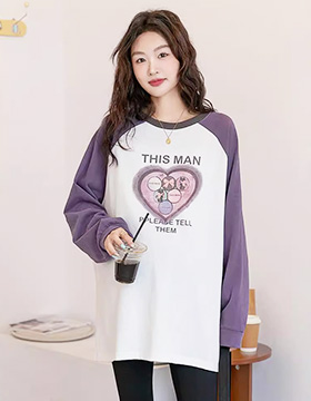 642330 孕婦裝 甜美愛心蝴蝶結貓咪印圖配色袖上衣 NT.590