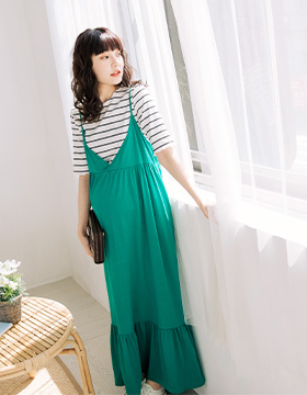 651494 Maternity Wear: Cross V-Neck Wavy Skirt Slim Shoulder Strap Dress, Made in Korea NT.590
