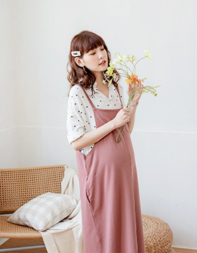 651554 正韓 孕婦裝 木釦口袋雙細肩棉質吊帶洋裝 NT.590