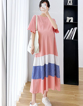 651937 孕婦裝 層次拼接直條配色裙襬棉質洋裝 NT.432