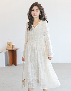 652155 孕婦裝 仙氣V領直紋布蕾絲圓點洋裝 NT.990