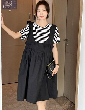 652183 孕婦裝 假二件條紋上衣拼接蝴蝶結背心洋裝 NT.790