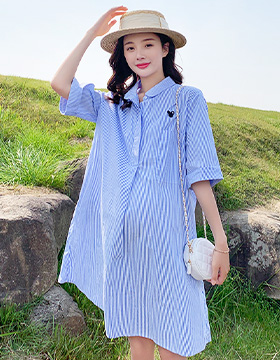 652186 孕婦裝 清爽直條紋襯衫領半釦洋裝 NT.344