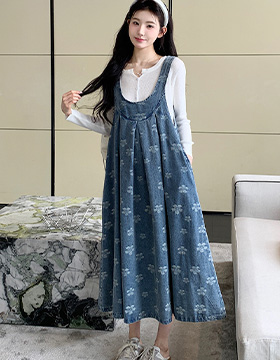 652310 孕婦裝 百搭大U造型皺摺牛仔提花背心裙 洋裝 NT.790