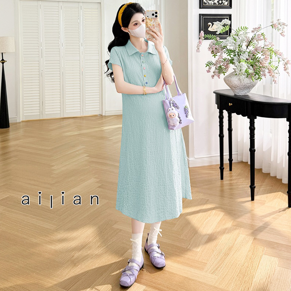 652382 孕婦裝 彩色釦翻領肌理感短袖洋裝 $490