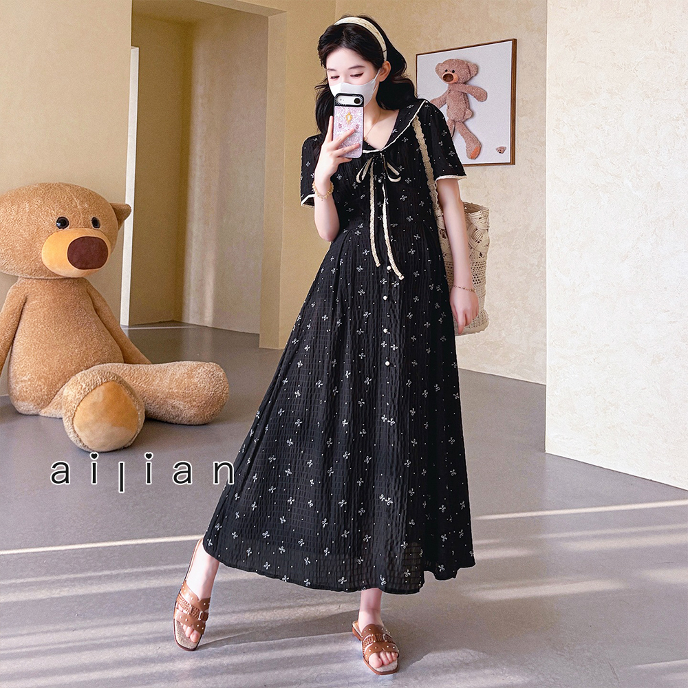 652384 孕婦裝 顯瘦碎花綁帶領短袖洋裝 $590