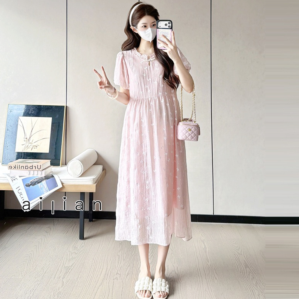 652386 孕婦裝 氣質粉色蝴蝶結短袖洋裝 $590