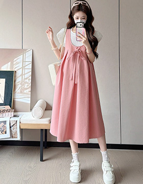 652387 孕婦裝 韓系甜美粉色蝴蝶結背心洋裝 NT.520