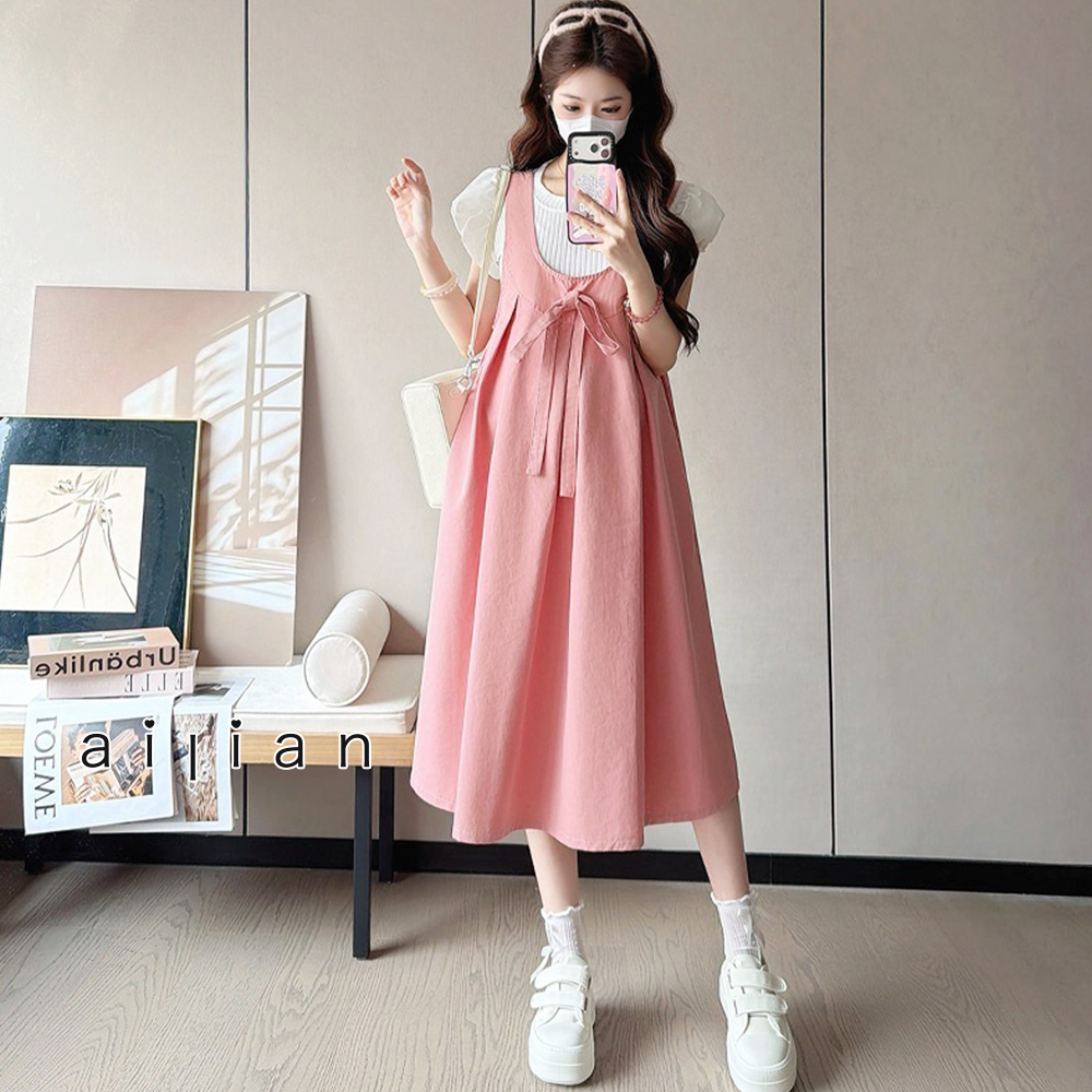 652387 孕婦裝 韓系甜美粉色蝴蝶結背心洋裝 $590