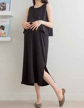 660611 Maternity Wear: Simple texture side slits, upper side, sleeveless dress, Made in Korea NT.980