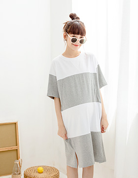 660656 Breastfeeding Suit: Cross-over neckline wide stripe invisible zipper dress, Made in Korea NT.690