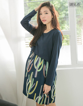 670152 哺乳衣 假二件仙人掌上掀側開洋裝 NT.490