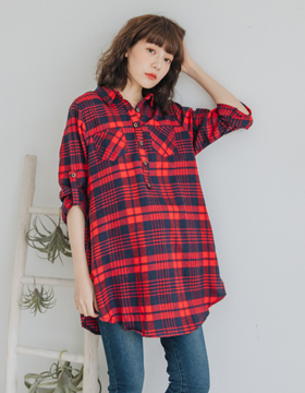 670485 哺乳衣 英倫風配色格紋開釦側開襯衫上衣 M-L NT.490