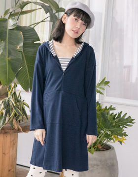 670487 哺乳衣 條紋連帽袋鼠口袋隱藏拉鏈洋裝 NT.690