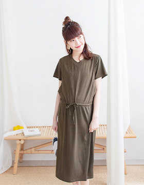 670757 Breastfeeding Suit: V-neck stretch pit striped waist drawstring side open cotton dress, Made in Korea NT.590