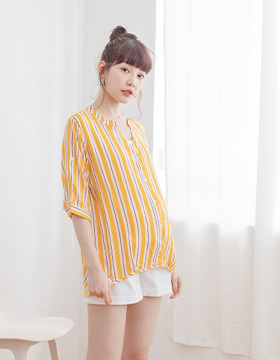 670794 哺乳衣 亮彩配色直條紋開釦側開涼感襯衫上衣 NT.490
