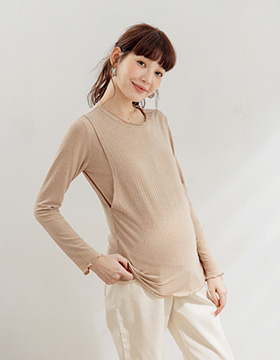 670832 正韓 哺乳衣 木耳捲邊坑條紋薄款彈力側開上衣 M-L NT.590