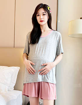 670935 哺乳衣 純色莫代爾棉領滾邊側開套裝 可調式腰圍 NT.490