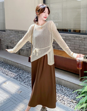 670968 哺乳衣 二件式 網織鏤空繫帶針織衫+時尚舒適側拉鏈哺乳洋裝 NT.590