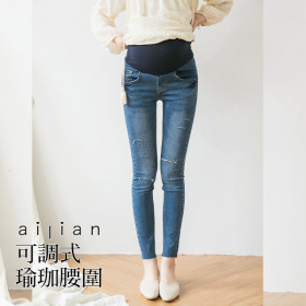 631114 孕婦褲 微割破感褲管不修邊牛仔褲 可調式瑜珈腰圍 S-XXL 