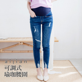 631152 孕婦褲 韓風個性刮破褲管抽鬚牛仔褲 可調式瑜珈腰圍 S-XXL