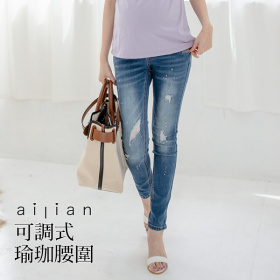 631189 孕婦褲 率性潑漆刮破刷色牛仔褲 可調式瑜珈腰圍 S-XXL