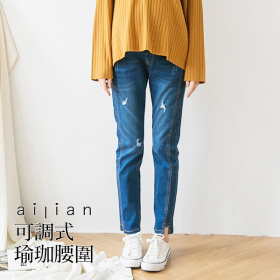631198 孕婦褲 側車線ㄇ造型抽鬚褲管牛仔男友褲 可調式瑜珈腰圍 S-XXL
