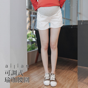 63663 孕婦褲 不修邊抓破牛仔短褲 可調式瑜珈腰圍 M-XXL