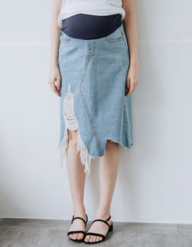 63959 Cropped Distressed Maternity Denim Skirt with Fringe Tassels and Adjustable Yoga Waistband S-XXL NT.690