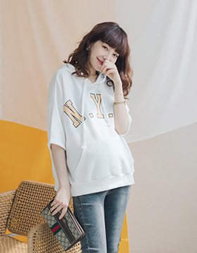 641977 Maternity Wear: N.Y.C color-printed large pocket hooded drawstring top, Made in Korea NT.590