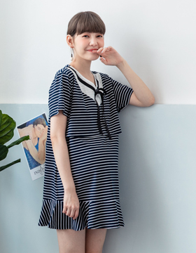 670495 Side Opening Striped Nursing Dress with V Neck Ribbons and Mermaid Skirt NT.590
