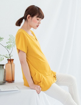 670526 哺乳衣 假二件素面拼接點點側抓皺上掀側開上衣 NT.490