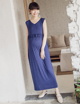 670585 Nursing dress with  soft cotton , V-collar ,lotus leaf shape and invisible zipper NT.490